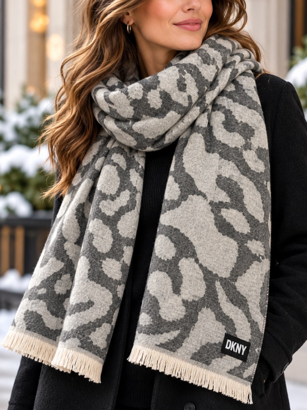 NWT DKNY Oversized Scarf Wrap Gray Animal Print Fringe 26x80 Winter